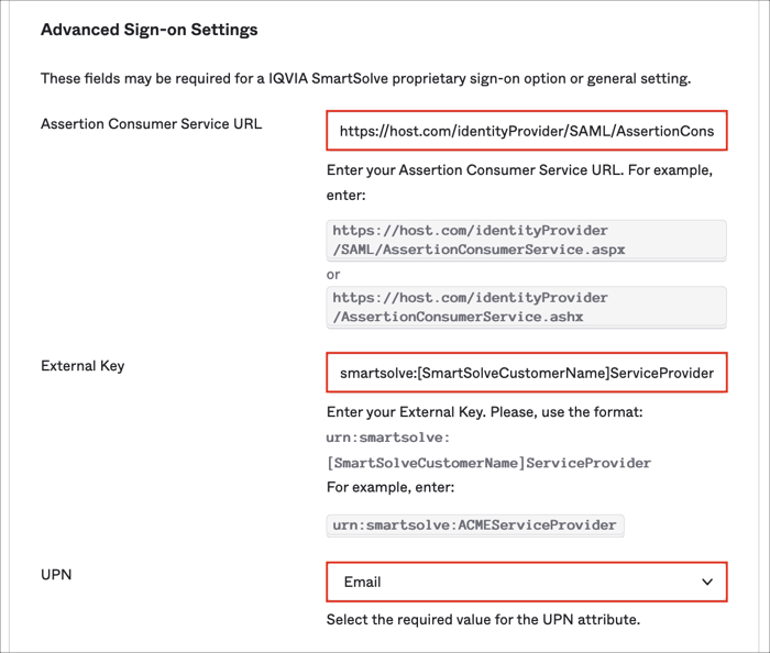 Enter ACS and External Key values into Okta, Sign On page, select Application Username Format=Email.