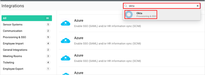 Search for and select Okta integration