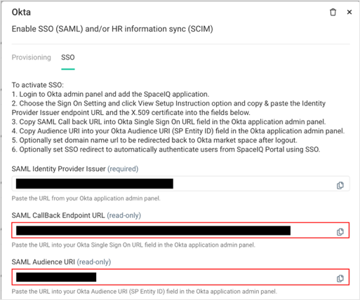 Under SSO tab, make copies of SAML CallBack, Endpoint URL, SAML Audience URI values