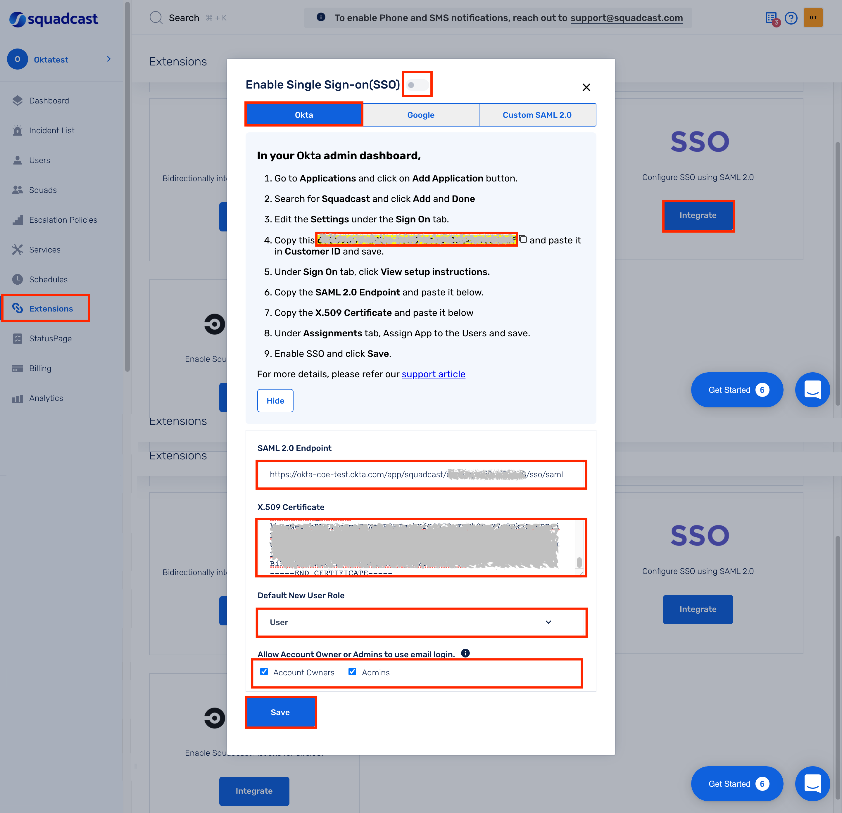 enter SAML Config values