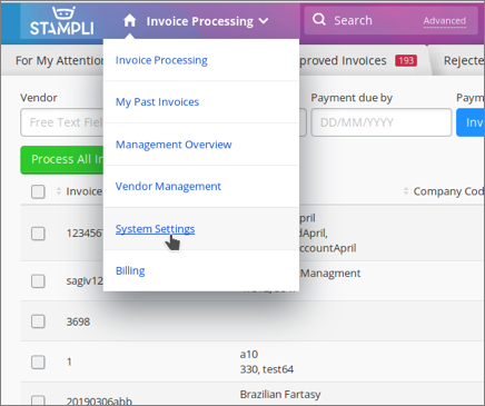 Invoice Processing > System Settings