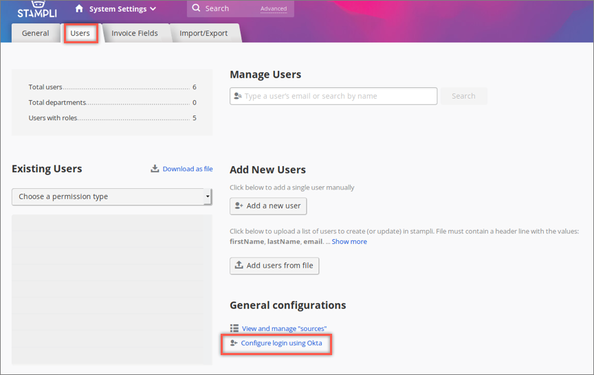 Users > Configure login using Okta