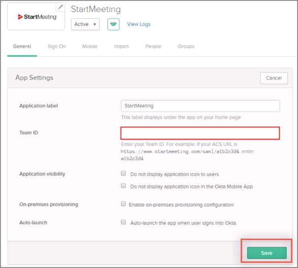 StartMeeting Okta config page