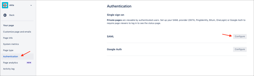 Go to Authentication -> SAML and click Configure