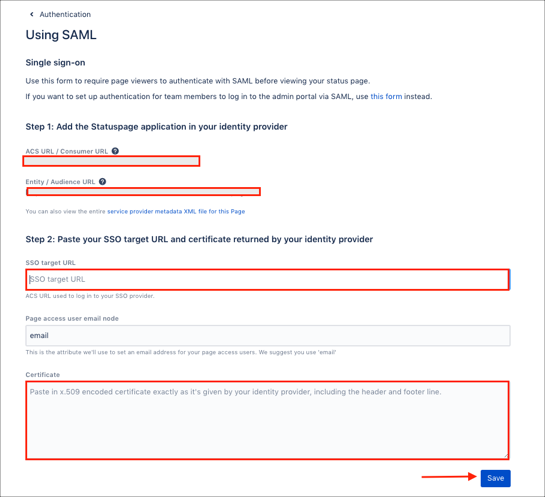 enter SAML Config values