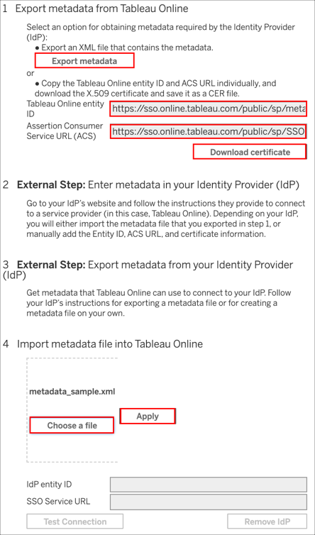 Copy Entity ID and ACS values, enter IdP Metadata file
