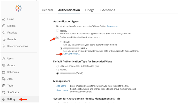 Navigate to Settings > Authentication, check Enable an additional authentication method option, select SAML, and then click Edit Connection