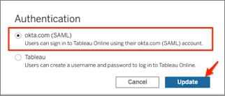 Select okta.com (SAML) as the Authentication, then click Update: