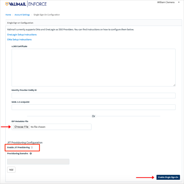 Valimail SSO Settings