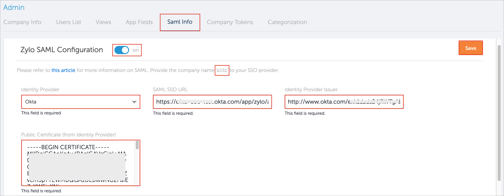 enter SAML config values